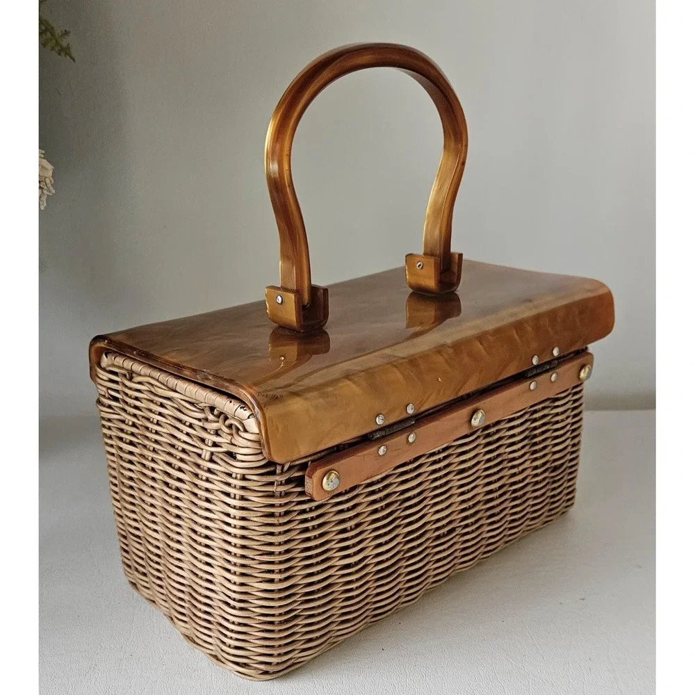 Vintage Plastic Wicker Gold Marbled Swirl Box Purse